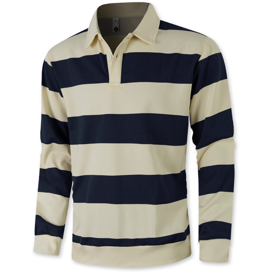Men's striped rugby polo with a Kent collar, two-button placket, and ribbed hem StylebySassy