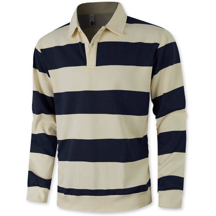 Men's striped rugby polo with a Kent collar, two-button placket, and ribbed hem StylebySassy