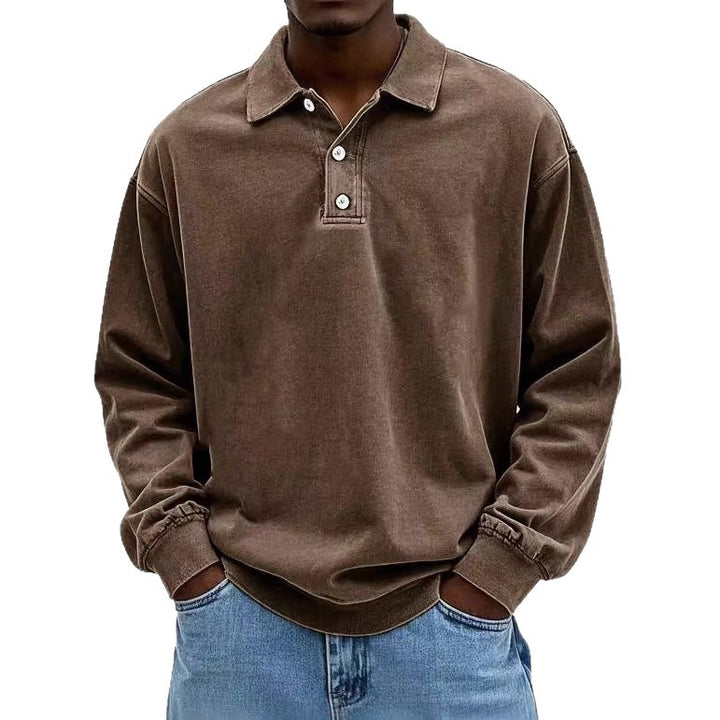 Men's casual polo shirt sweatshirt with collar, vintage wash and three-piece button placket StylebySassy