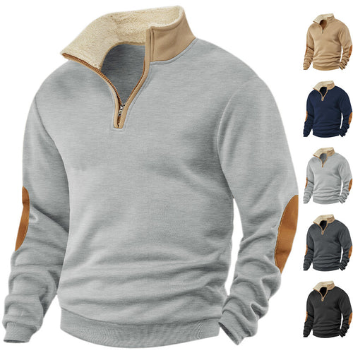 Men Nan Fleece Half-Zip Pullover with Sherpa Collar and Elbow Patches StylebySassy