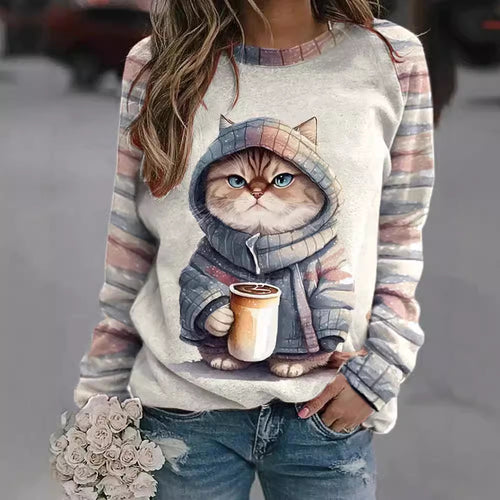 Women's casual sweatshirt with large kitten front print and striped raglan sleeves StylebySassy