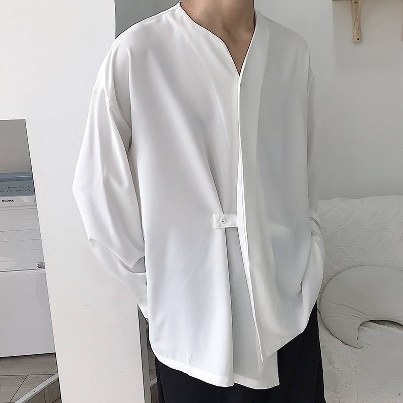 Men's loosely cut V-neck shirt with concealed button placket and band closure StylebySassy