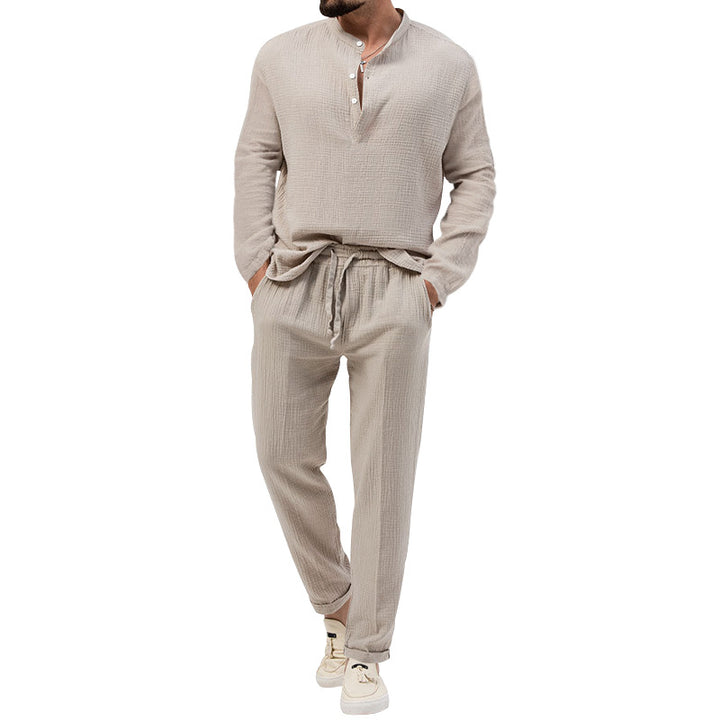 Men's muslin comfort set with semi-high collar and drawstring pants StylebySassy