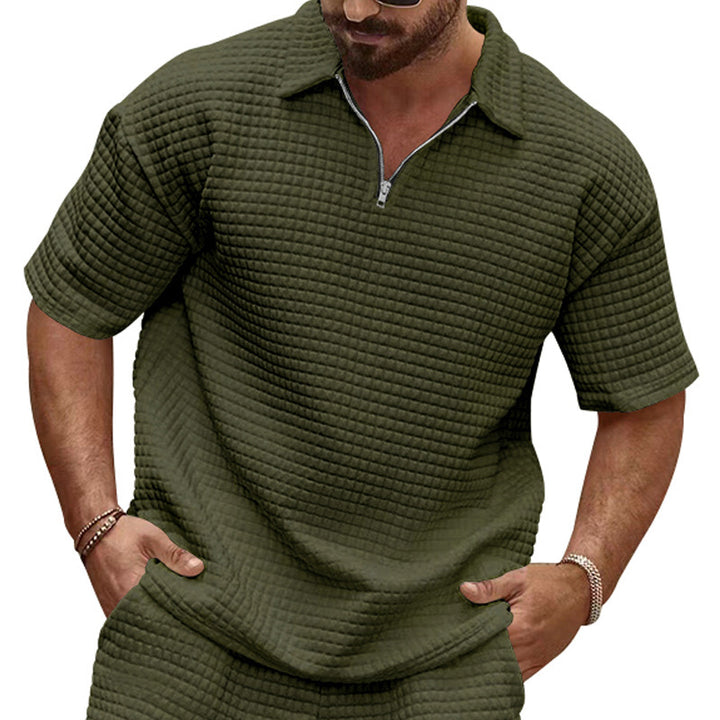 Men's polo collar ensemble with quilted box pattern, short front zipper and loose fit StylebySassy