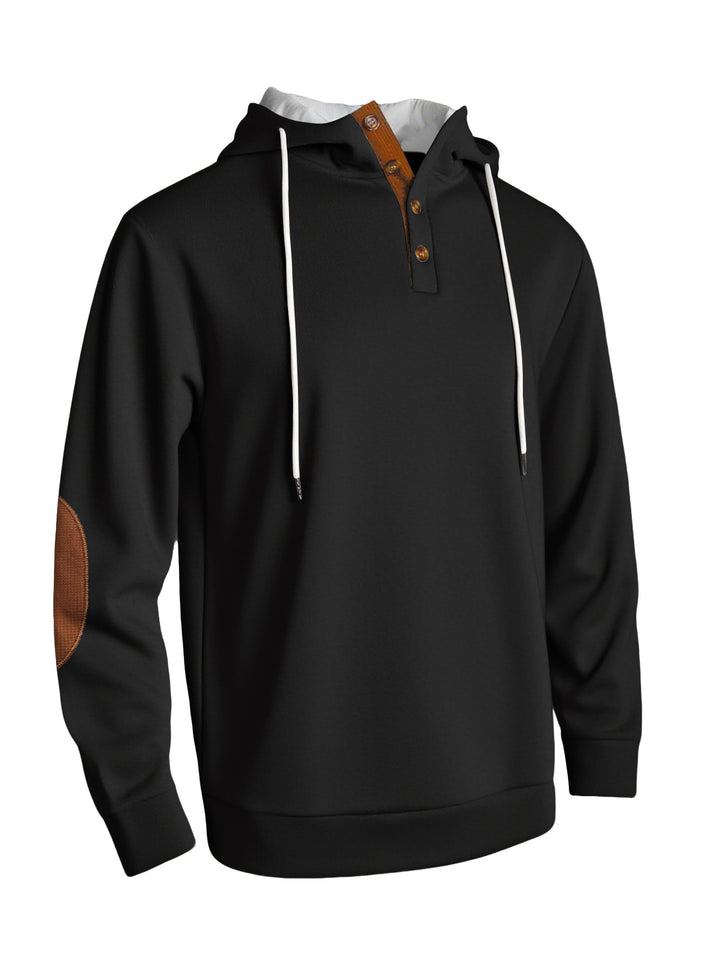 Men's hooded sweatshirt in a puristic leisure style with Henley button placket, contrasted hood interior, and elbow patches StylebySassy