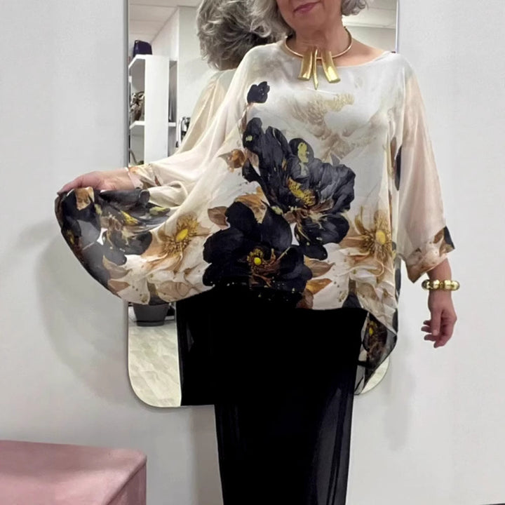 Ladies nan elegant chiffon tunic with bat sleeves and asymmetrical hem StylebySassy