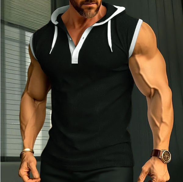 Men's Sleeveless Hooded Henley Muscle Shirt with Mesh Structure and Body-Hugging Fit StylebySassy