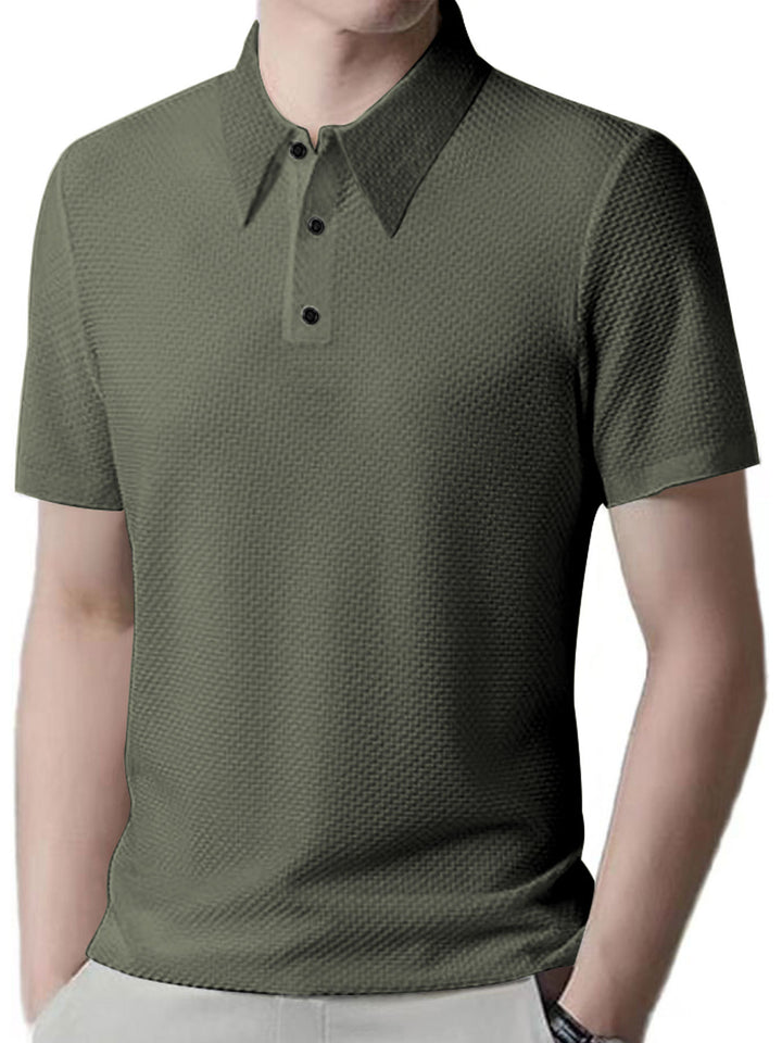 Men's nano microstructure polo shirt with shirt collar, subtle button placket, and breathable jersey StylebySassy