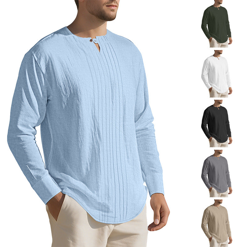 Men's Naan light structured tunic shirt with stand-up collar, pleats and loop button StylebySassy