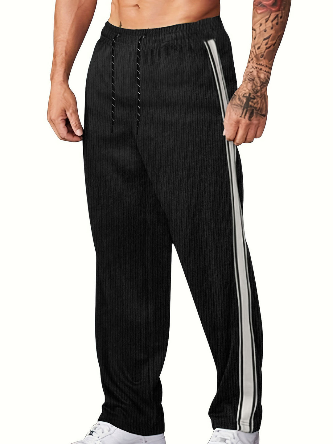 Men's knitted relaxed joggers with wide leg, side piping, and elastic drawstring waistband StylebySassy