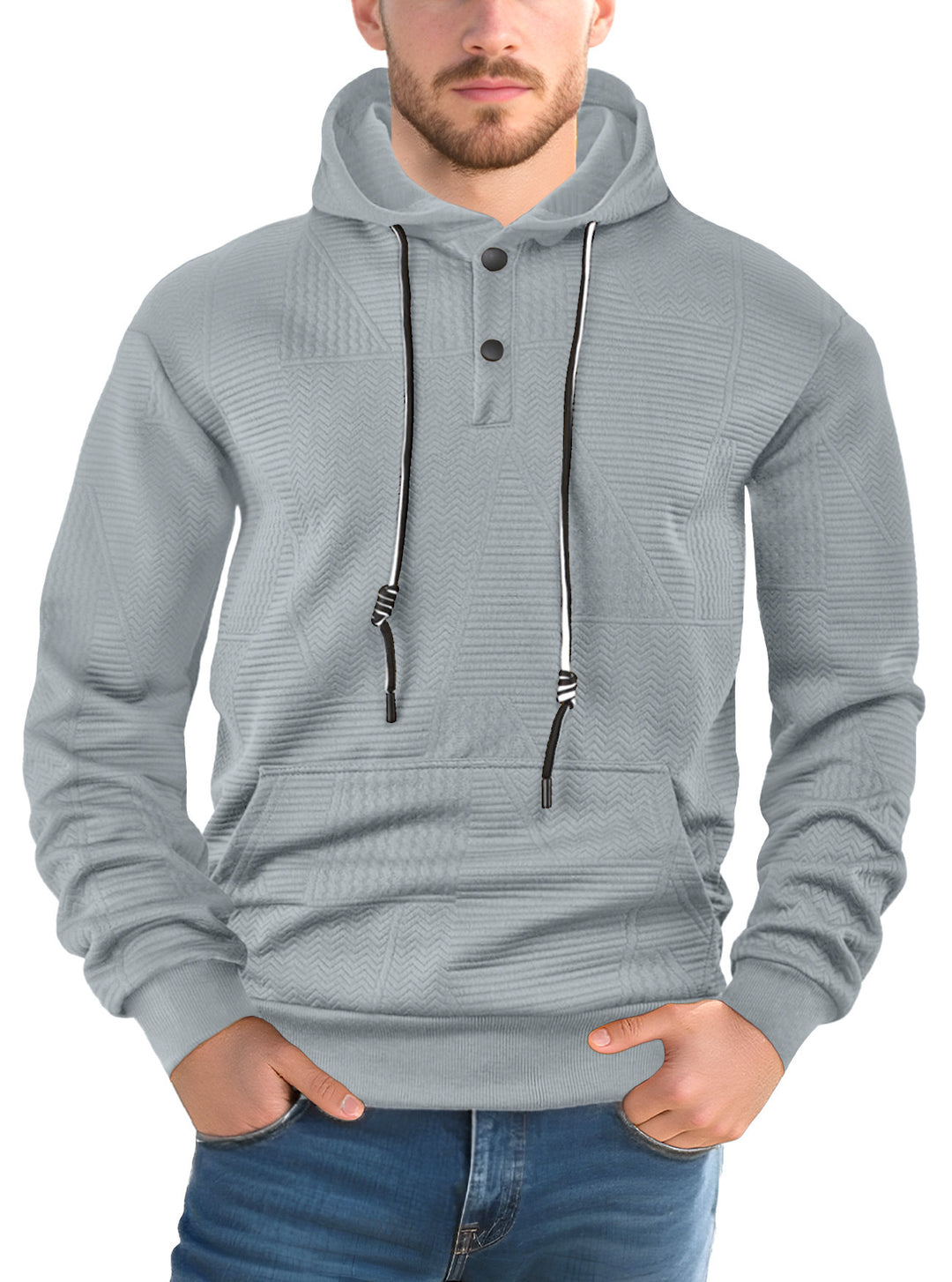 Men's structured hoodie with snap button placket and kangaroo pocket StylebySassy