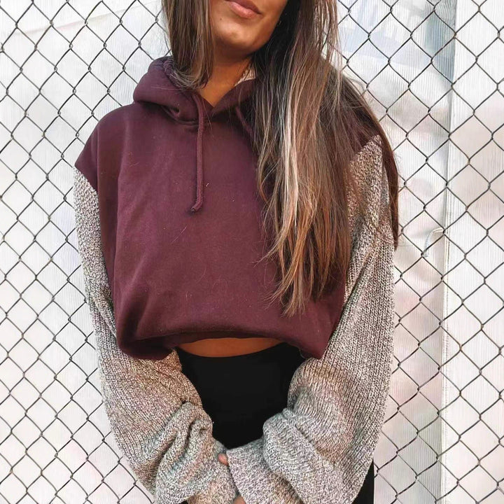 Women's Hooded Cropped Pullover with Wide-Cut Knitted Sleeves and Drawstring StylebySassy