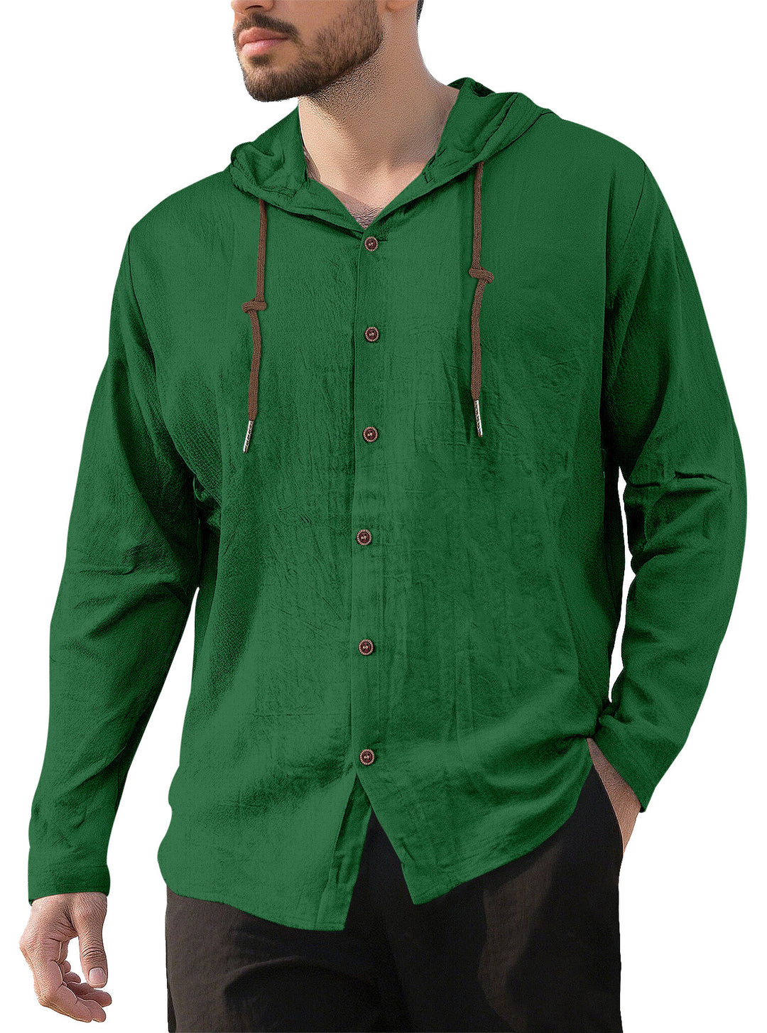 Men's textured linen blend hooded shirt with button placket, wood buttons, and side slits StylebySassy