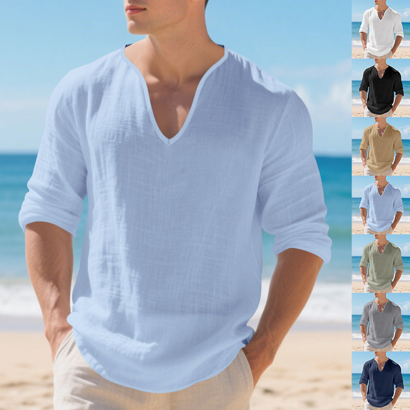Men's lightweight linen V-neck shirt with a loose fit and roll-up sleeves StylebySassy