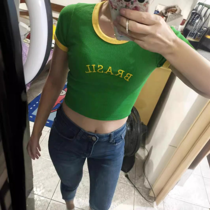 Women's Crop T-Shirt with Brazil lettering and colorful accents StylebySassy