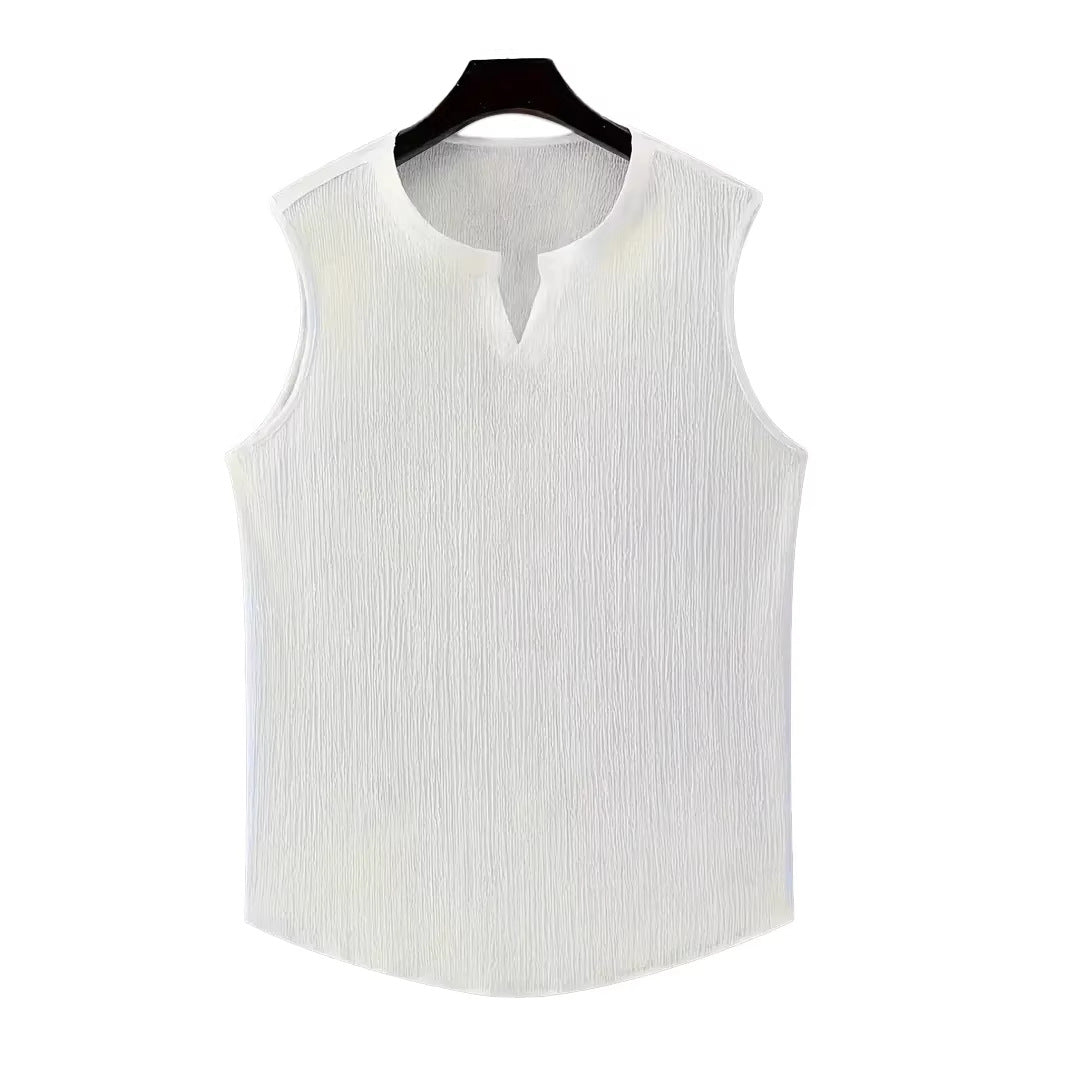 Men's casual crinkle cotton top with notch neckline and rounded hem StylebySassy