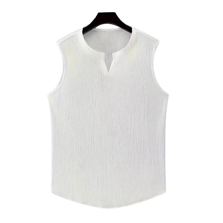 Men's casual crinkle cotton top with notch neckline and rounded hem StylebySassy