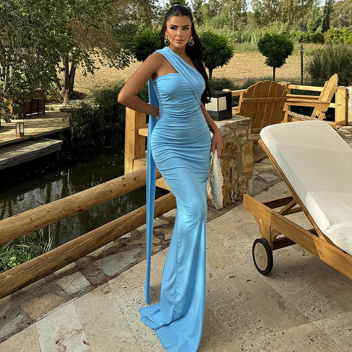 Ladies Elegant Evening Dress with Asymmetrical Cut and Shimmering Fabric StylebySassy