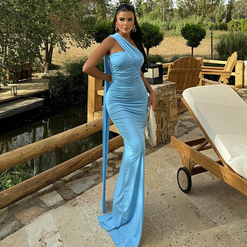 Ladies Elegant Evening Dress with Asymmetrical Cut and Shimmering Fabric StylebySassy