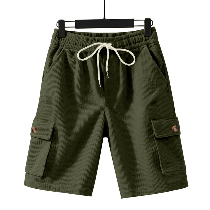 Men's cord cargo shorts with elastic drawstring waistband, patch cargo pockets, and soft cotton blend StylebySassy