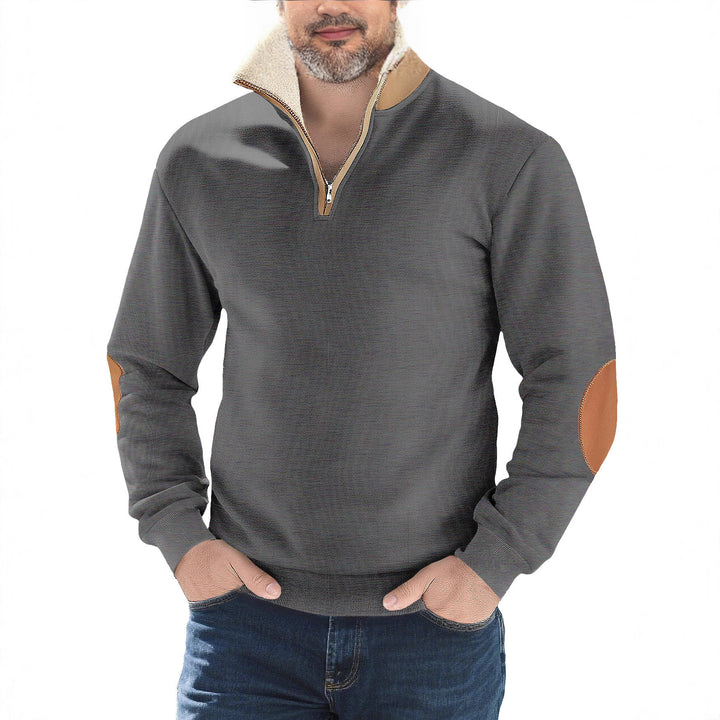 Men's structured knit half-zip pullover with warming sherpa collar and velour elbow patches StylebySassy