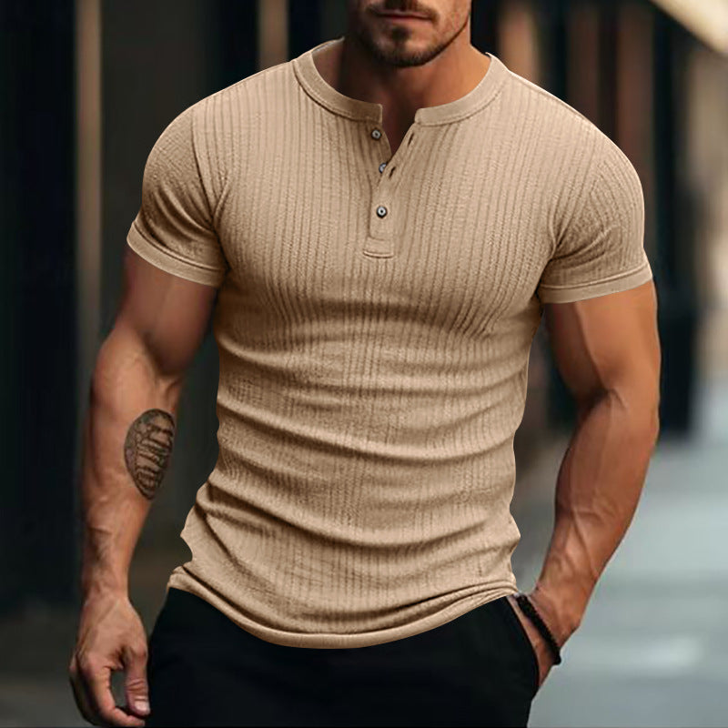 Men's fitted short sleeve Henley shirt with ribbed texture and short button placket StylebySassy