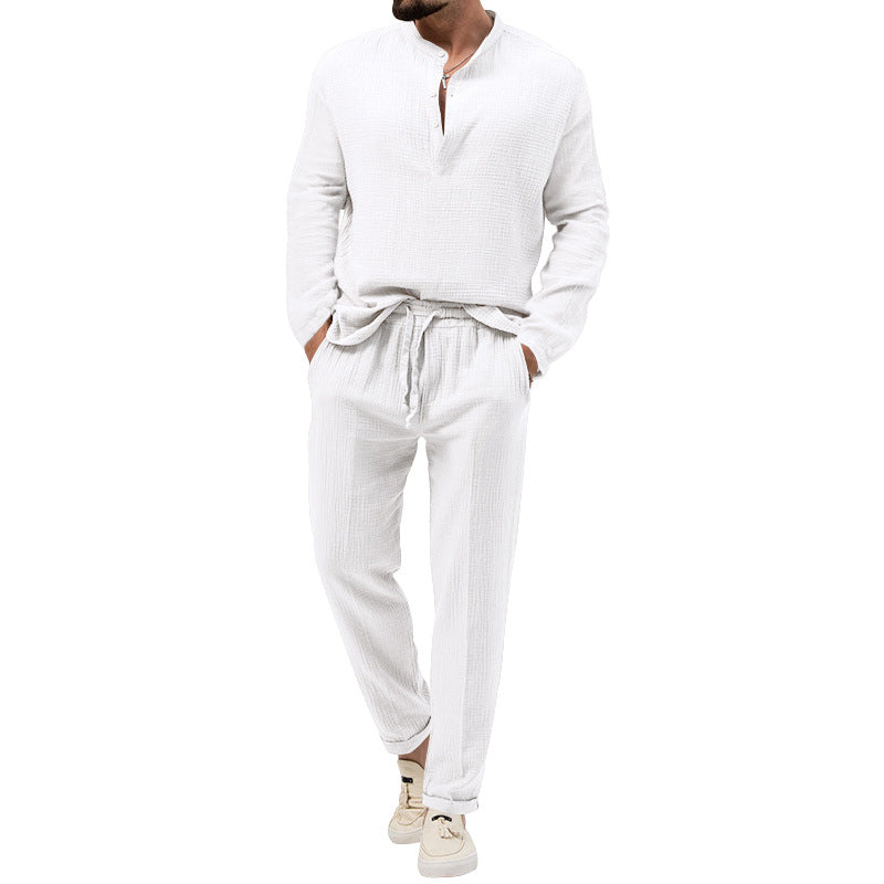 Men's muslin comfort set with semi-high collar and drawstring pants StylebySassy