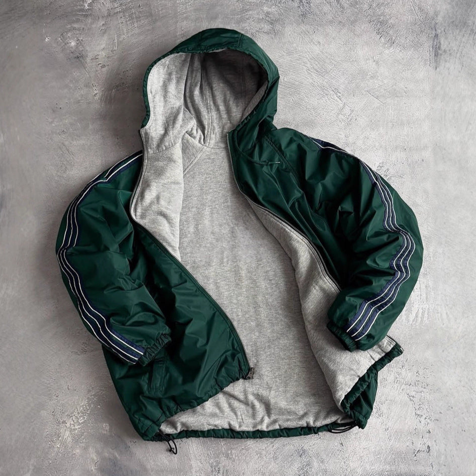 Unisex non-fitted windbreaker with hood padded fleece lining drawstring hem and decorative stripes on sleeves StylebySassy
