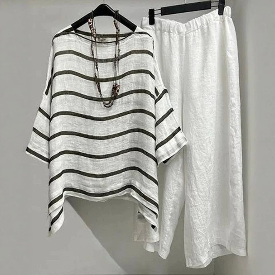 Women's casual linen set with asymmetrical striped blouse and wide elastic waistband pants StylebySassy
