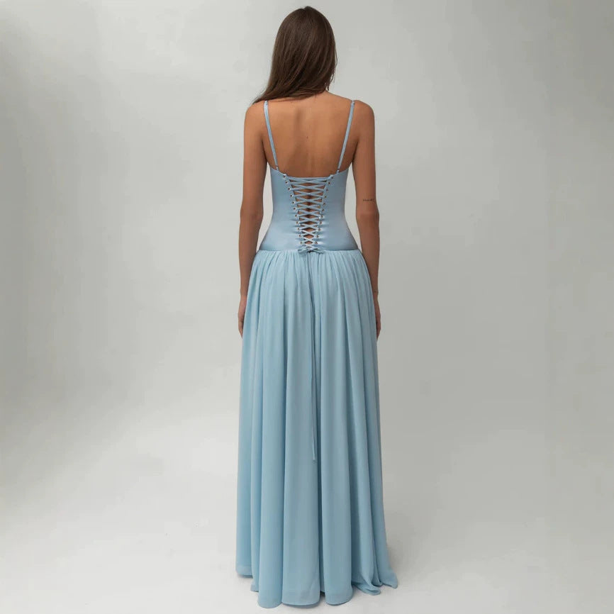 Women’s shaping bustier evening dress with pre-shaped corset construction and wide chiffon flared skirt StylebySassy