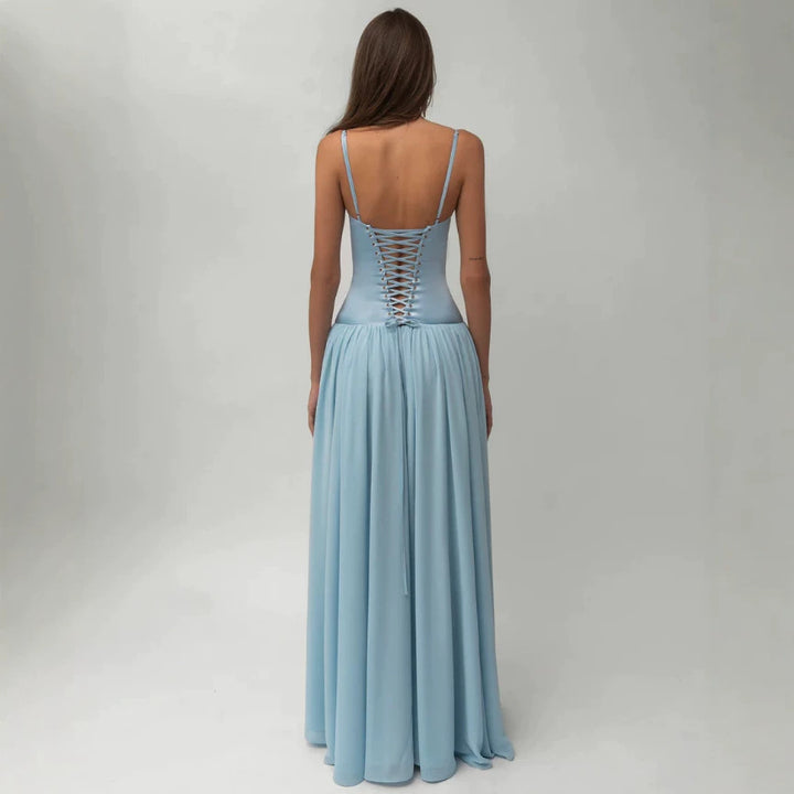 Women’s shaping bustier evening dress with pre-shaped corset construction and wide chiffon flared skirt StylebySassy