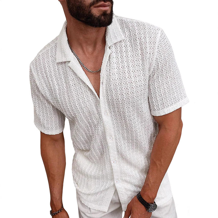 Men's airy short-sleeve ajour shirt with shawl collar and continuous button placket StylebySassy
