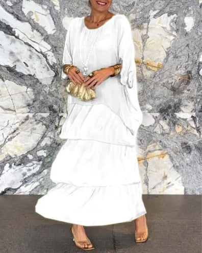 Women's layered tiered maxi dress with wide batwing top and tiered ruffle skirt StylebySassy