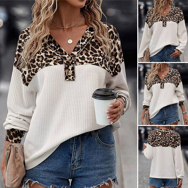 Women's loose waffle knit long sleeve shirt with leopard print yoke and Henley button placket StylebySassy