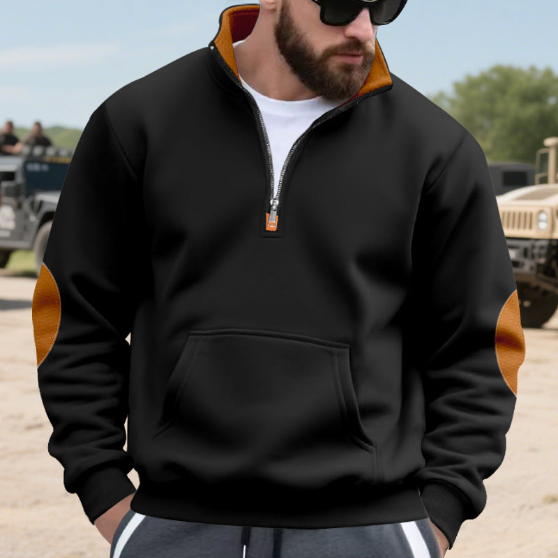Men's Nano Insulated Half-Zip Pullover with Stand-Up Collar Fleece Lining Kangaroo Pocket and Suede Elbow Patches StylebySassy