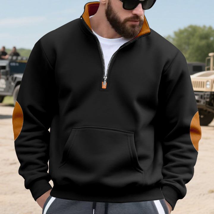 Men's Nano Insulated Half-Zip Pullover with Stand-Up Collar Fleece Lining Kangaroo Pocket and Suede Elbow Patches StylebySassy