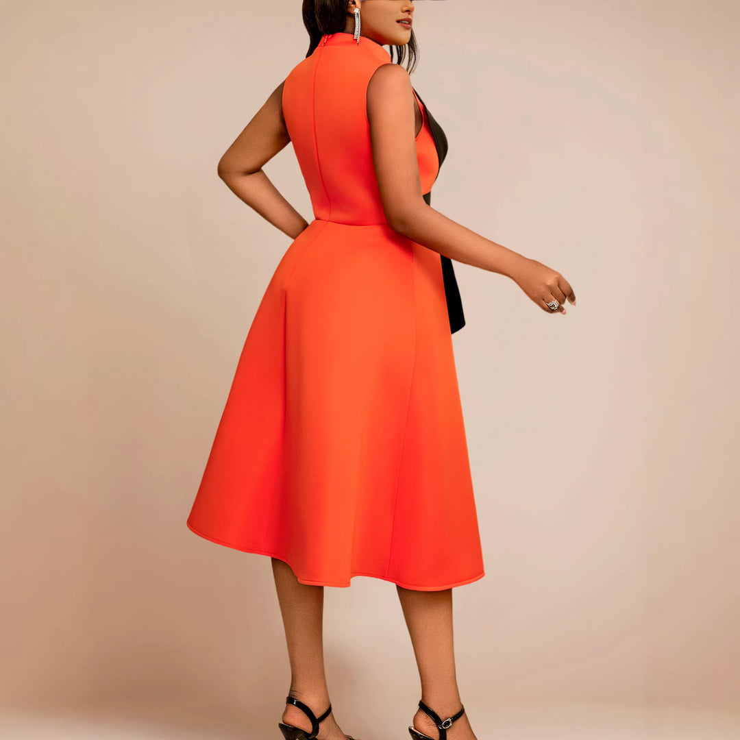 Women Elegant Midi Dress with Asymmetrical Cut and Voluminous Bow Accent