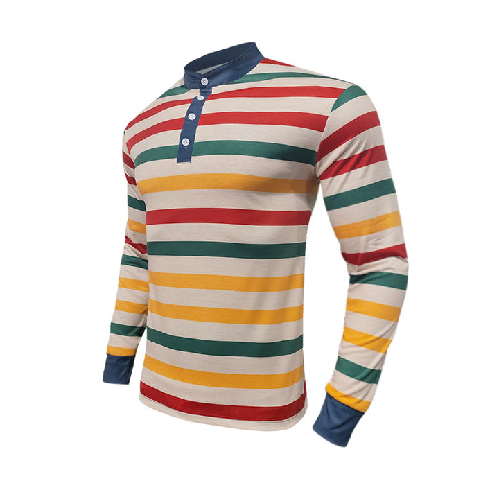 Men's striped long-sleeve Henley shirt with stand-up collar and button placket StylebySassy