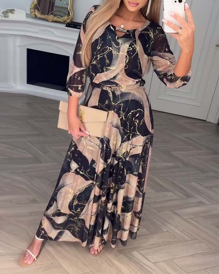 Women's floor-length chiffon dress with fitted tie belt, three-quarter sleeves and elegant watercolor print StylebySassy