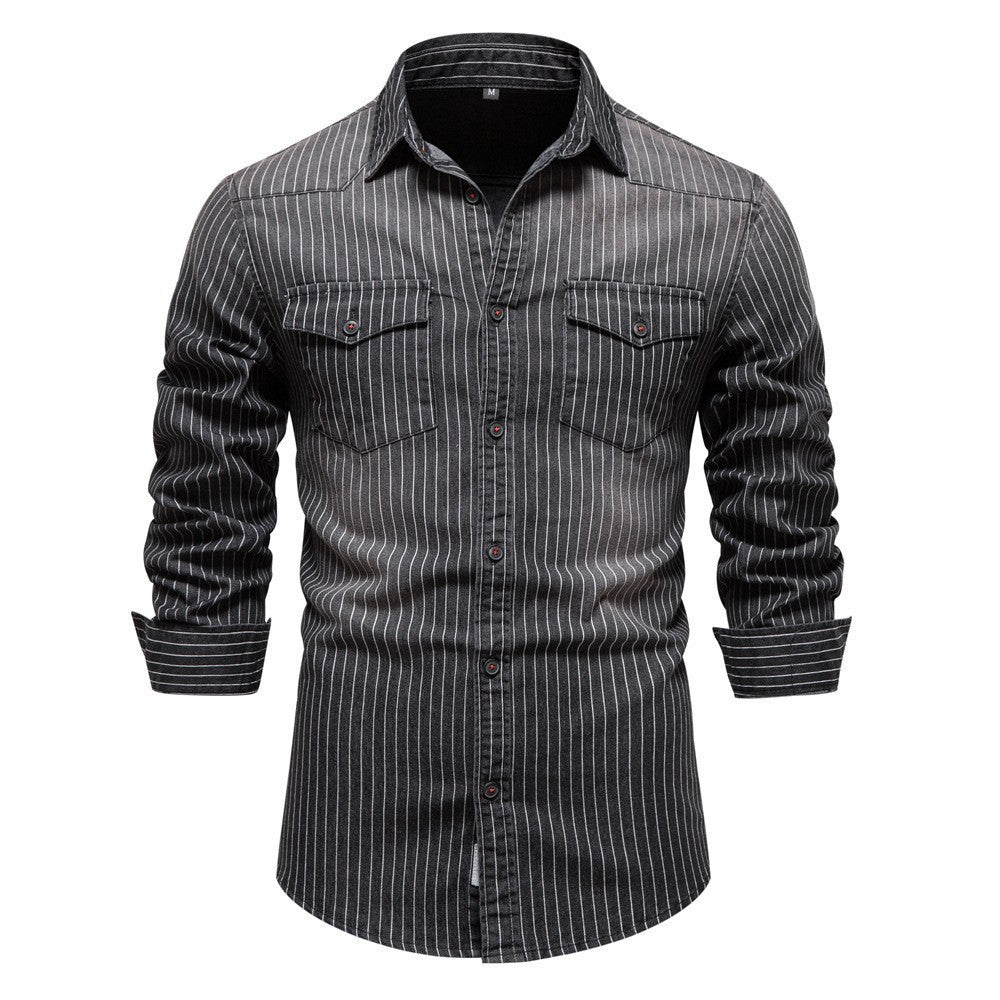 Men's tailored long-sleeve denim shirt with pinstripes and patch pockets StylebySassy