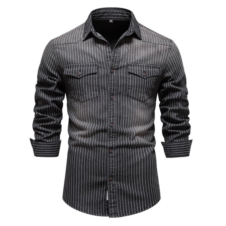 Men's tailored long-sleeve denim shirt with pinstripes and patch pockets StylebySassy