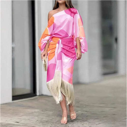 Women's nano asymmetrical draped midi dress with one-sided shoulder, voluminous sleeve cut and fringe hem StylebySassy