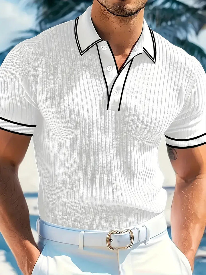 Men's fitted short-sleeve polo with Kent collar, short button placket, and fine vertical rib structure StylebySassy