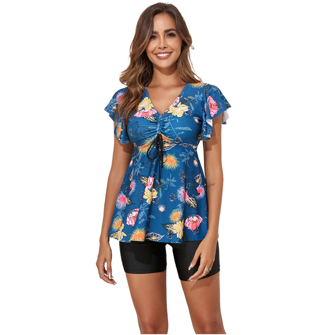 Women’s sporty swimsuit set with floral cover-up and comfortable shorts StylebySassy