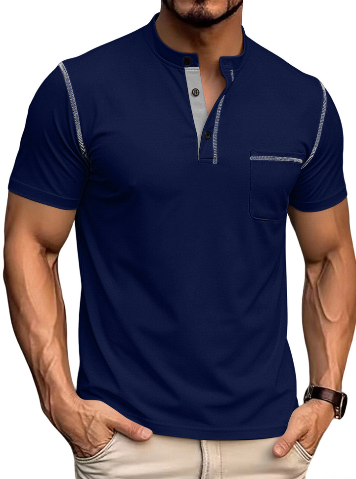 Men's short-sleeved Henley shirt with stand-up collar, chest pocket, and contrasting decorative stitching StylebySassy