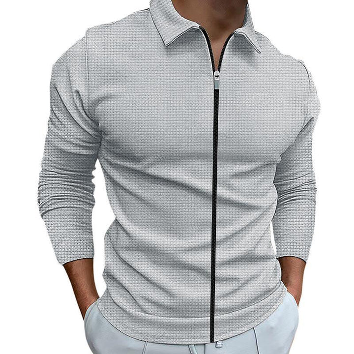 Men's tailored structured shirt jacket with turn-down collar and contrasting center zipper StylebySassy