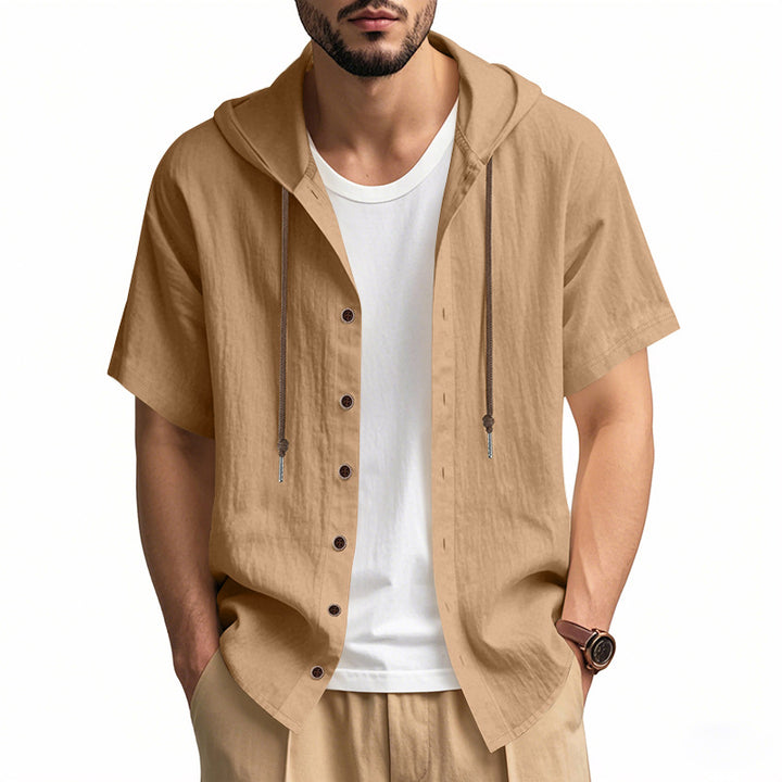 Men's breathable short sleeve hoodie made of linen blend with wooden button placket and drawstring StylebySassy