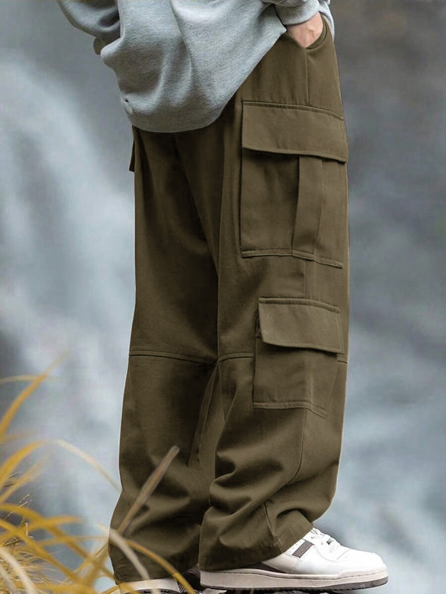 Men's casually cut multiple pockets cargo pants with wide leg and prominent knee darts StylebySassy