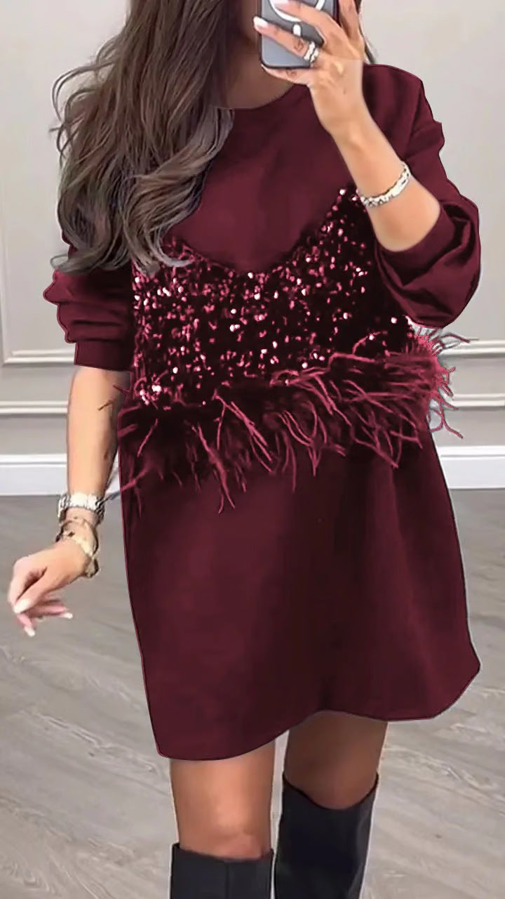 Women's Nan Sweat Mini Dress with Sequin Bustier and Feather Trim StylebySassy