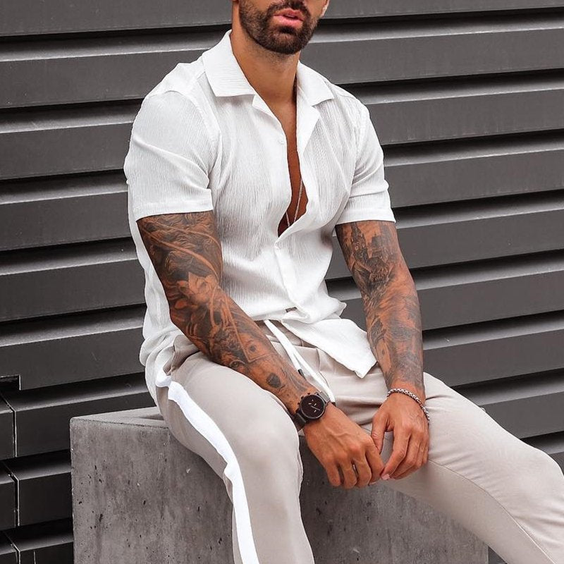 Men's airy beach shirt made of linen blend with lapel collar and open button placket StylebySassy